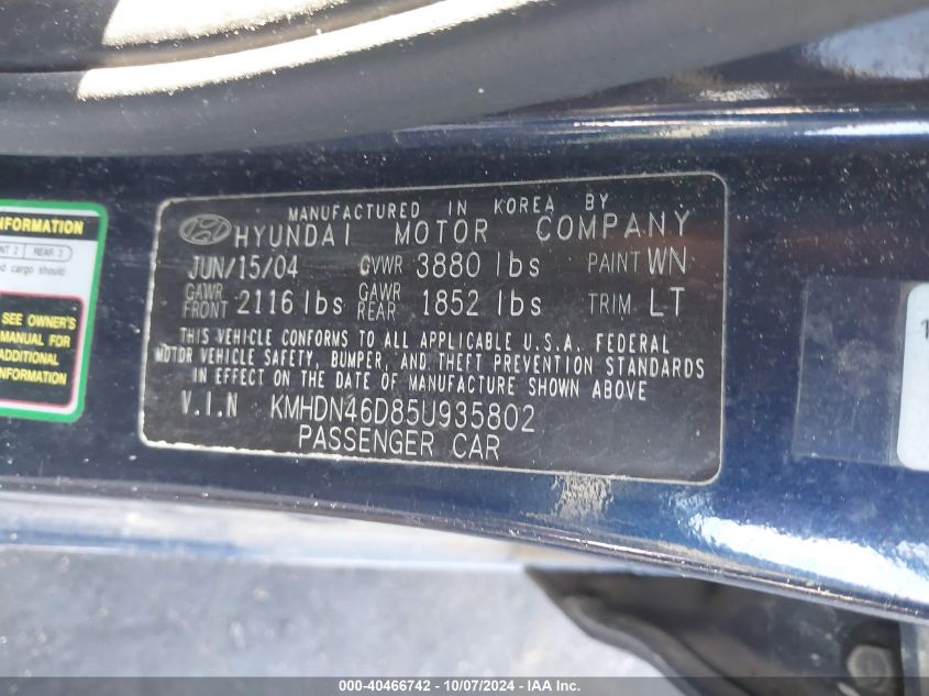 KMHDN46D85U935802 2005 Hyundai Elantra Gls/Gt