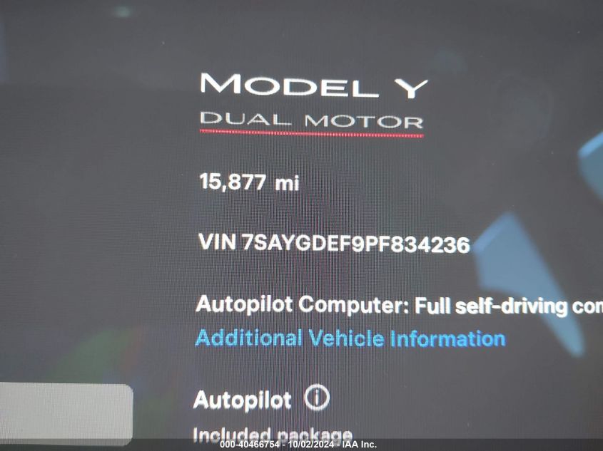 2023 Tesla Model Y VIN: 7SAYGDEF9PF834236 Lot: 40466754