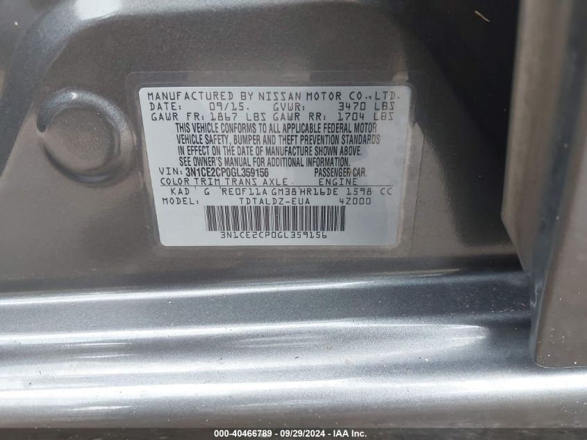 3N1CE2CP0GL359156 2016 Nissan Versa Note S (Sr)/S Plus/Sl/Sr/Sv