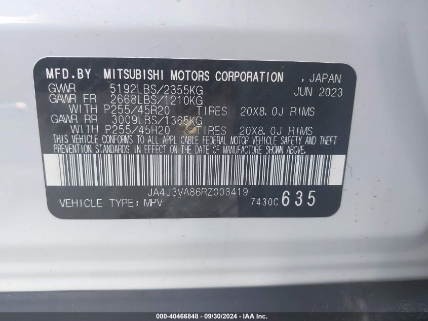 2024 Mitsubishi Outlander Se 2.5 2Wd VIN: JA4J3VA86RZ003419 Lot: 40466848