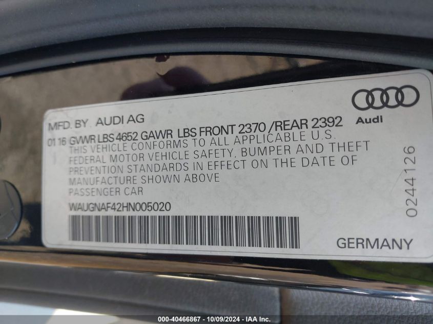 2017 Audi A4 2.0T Premium VIN: WAUGNAF42HN005020 Lot: 40466867