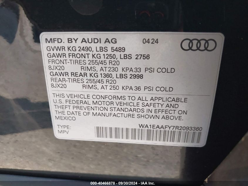 2024 Audi Q5 Premium Plus 45 VIN: WA1EAAFY7R2093360 Lot: 40466878