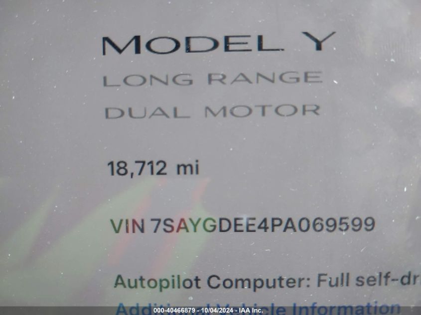 2023 Tesla Model Y Awd/Long Range Dual Motor All-Wheel Drive VIN: 7SAYGDEE4PA069599 Lot: 40466879