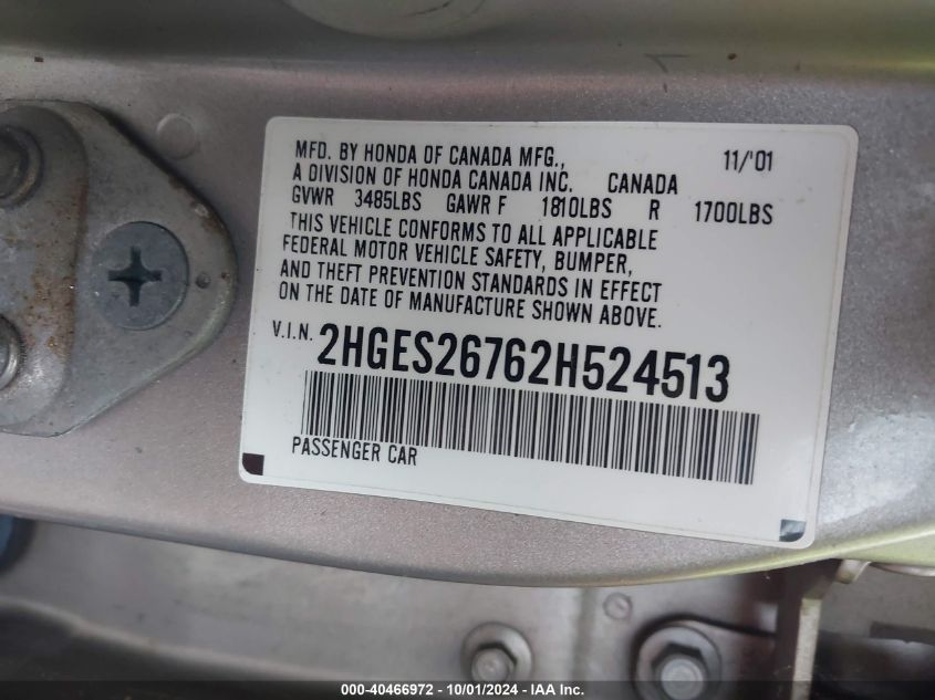 2HGES26762H524513 2002 Honda Civic Ex