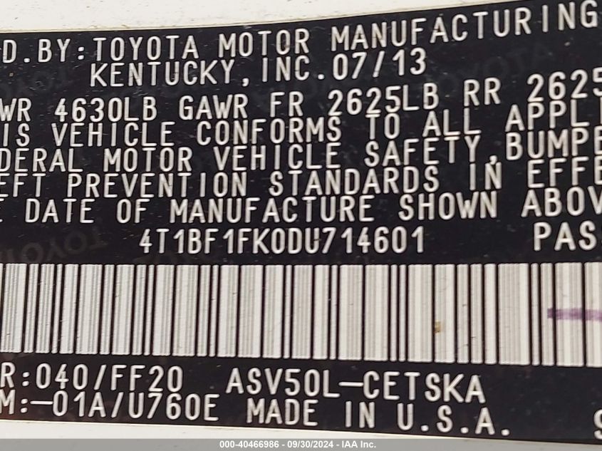 4T1BF1FK0DU714601 2013 Toyota Camry Se