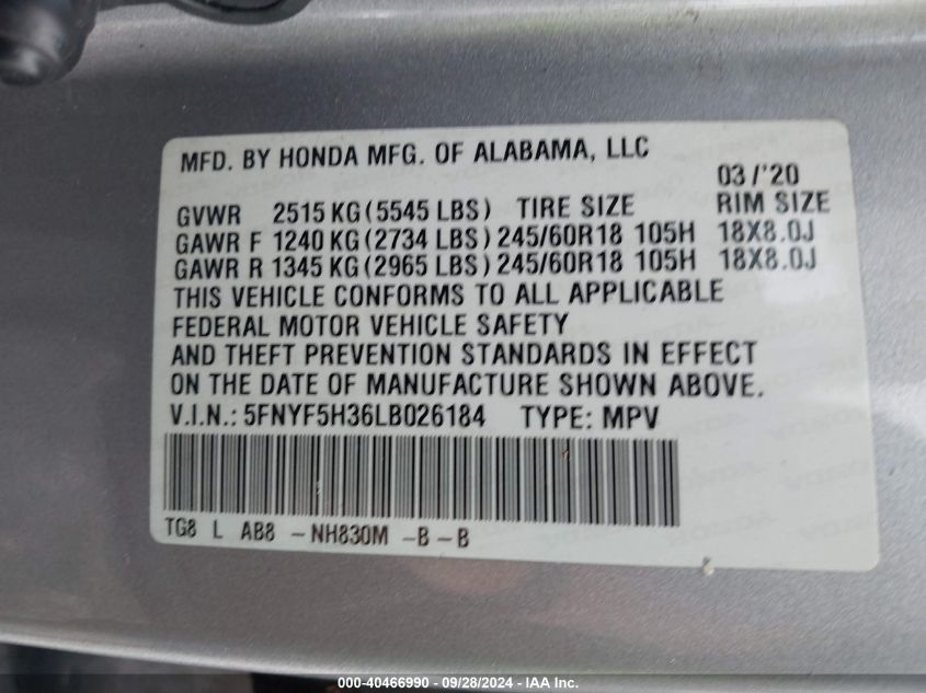 2020 Honda Pilot Ex VIN: 5FNYF5H36LB026184 Lot: 40466990