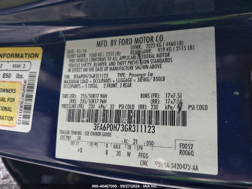 VIN 3FA6P0H73GR311123 2016 FORD FUSION no.9