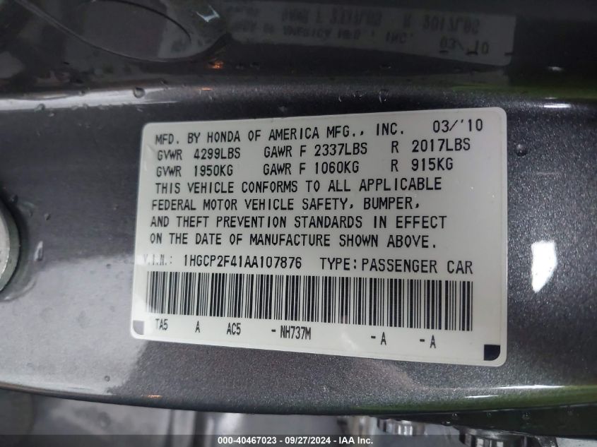 1HGCP2F41AA107876 2010 Honda Accord 2.4 Lx-P