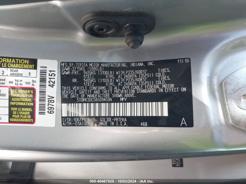 5TDKK3DC5BS094594 2011 Toyota Sienna Le V6