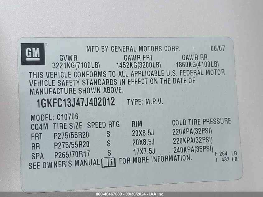 2007 GMC Yukon Slt VIN: 1GKFC13J47J402012 Lot: 40467089