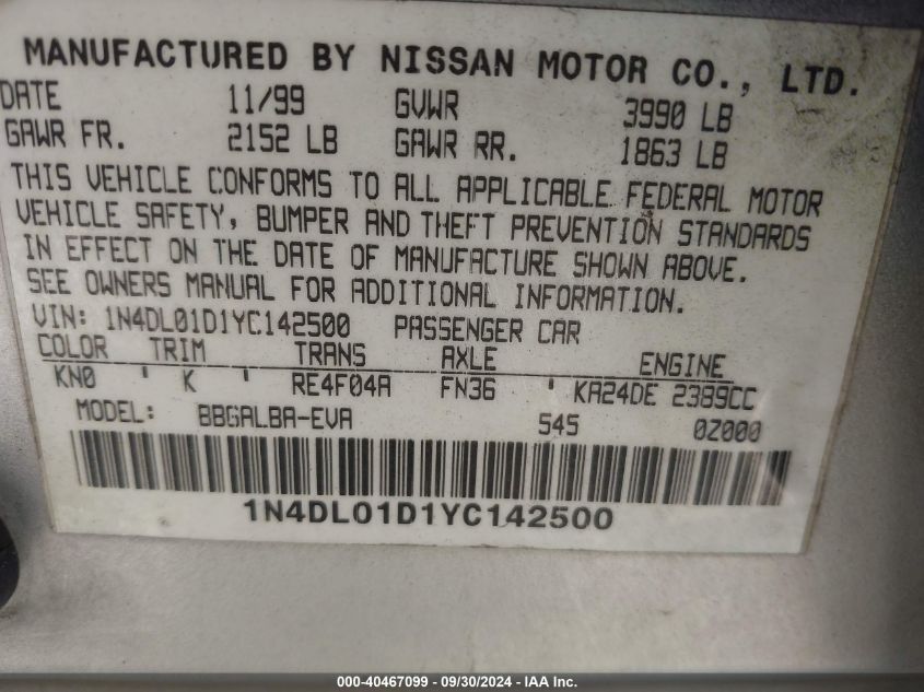 1N4DL01D1YC142500 2000 Nissan Altima Gle/Gxe/Se/Xe