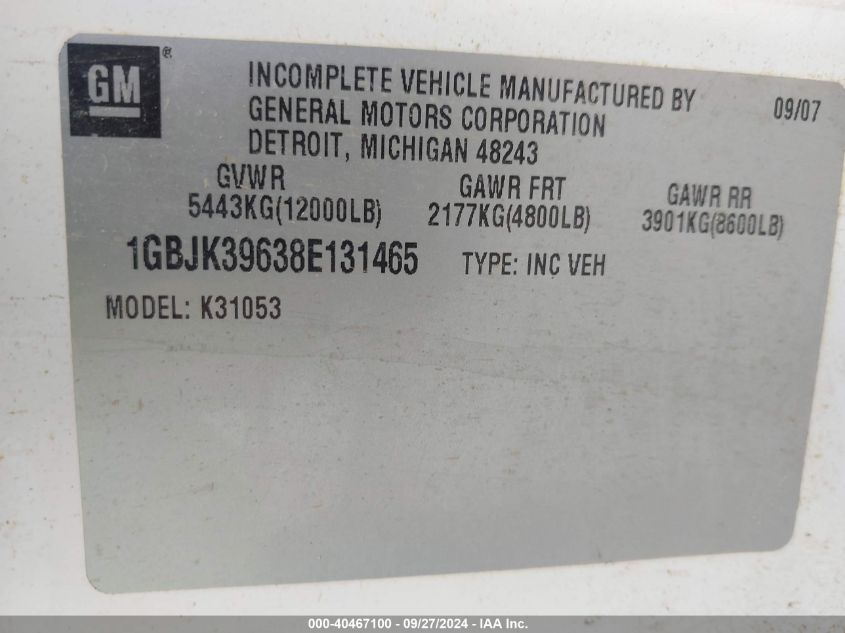 2008 Chevrolet Silverado 3500Hd Chassis Lt1 VIN: 1GBJK39638E131465 Lot: 40467100