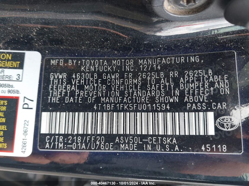 4T1BF1FK5FU011594 2015 Toyota Camry Se