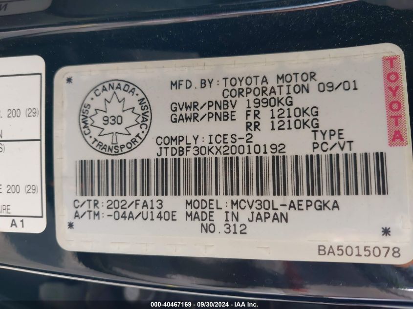 JTDBF30KX20010192 2002 Toyota Camry Le/Xle/Se