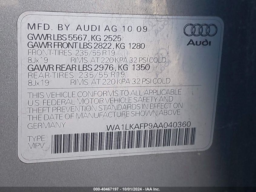 WA1LKAFP9AA040360 2010 Audi Q5 Premium Plus