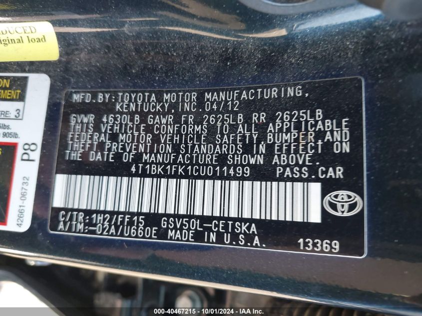 4T1BK1FK1CU011499 2012 Toyota Camry Se V6