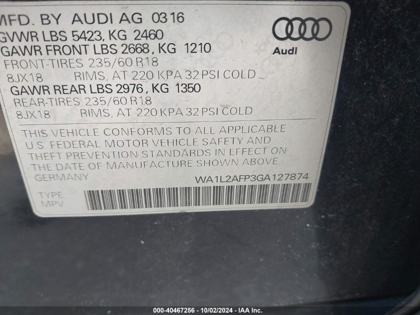 2016 Audi Q5 2.0T Premium VIN: WA1L2AFP3GA127874 Lot: 40467256