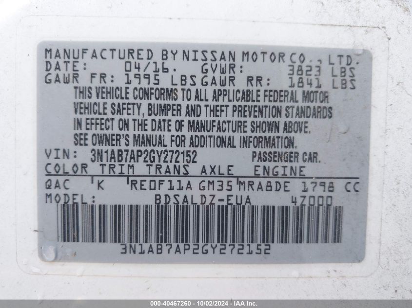 3N1AB7AP2GY272152 2016 Nissan Sentra Sv