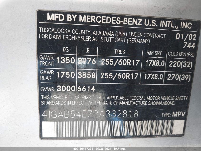 4JGAB54E72A332818 2002 Mercedes-Benz Ml 320