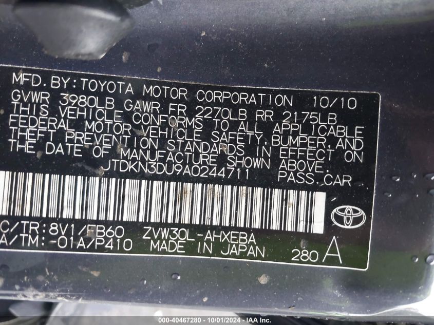 2010 Toyota Prius VIN: JTDKN3DU9A0244711 Lot: 40467280