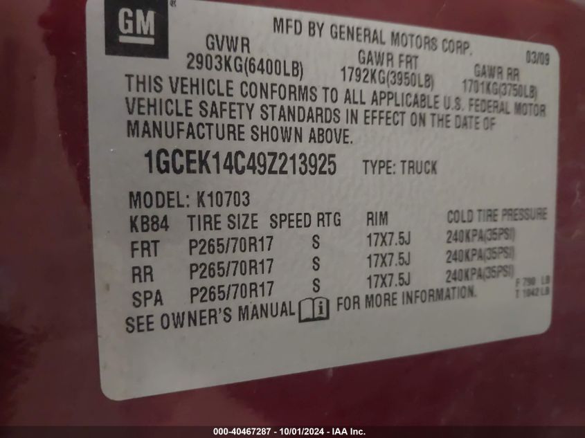 1GCEK14C49Z213925 2009 Chevrolet Silverado K1500