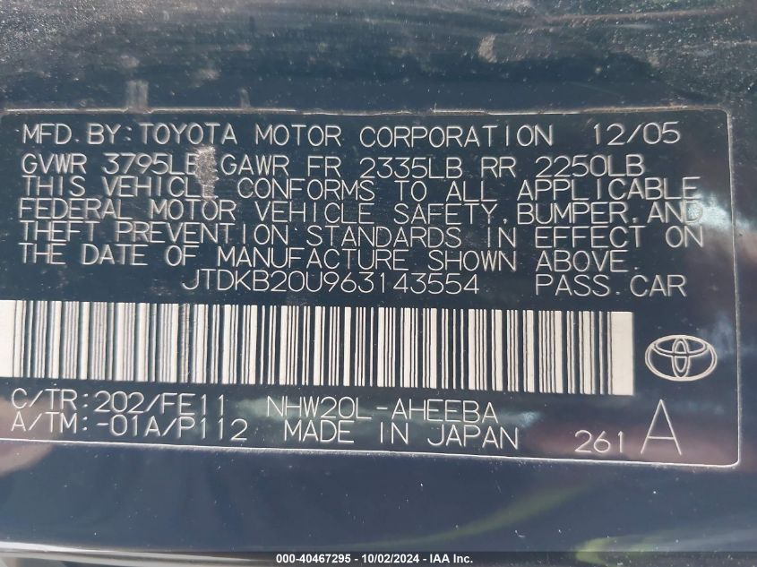 JTDKB20U963143554 2006 Toyota Prius