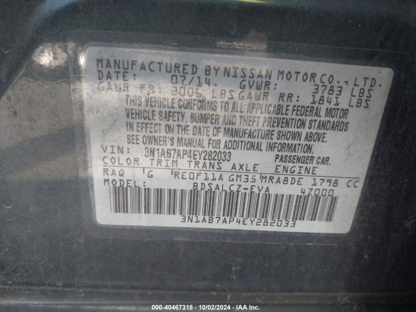 3N1AB7AP4EY282033 2014 Nissan Sentra S