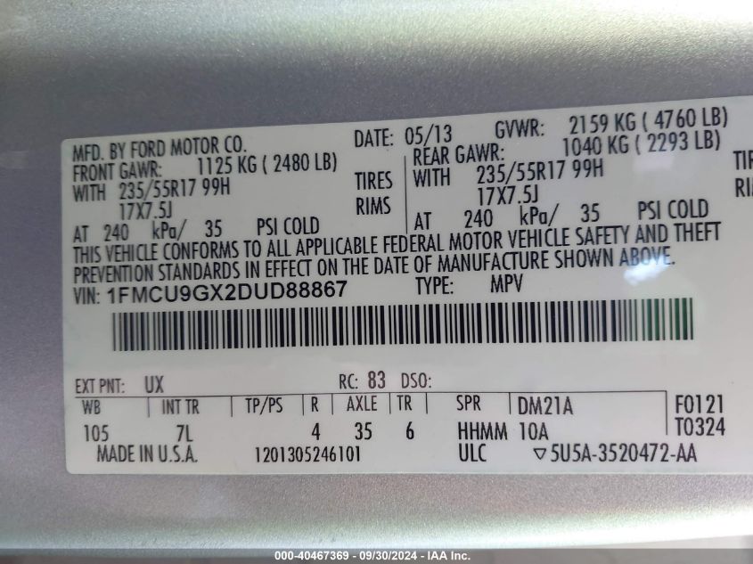 1FMCU9GX2DUD88867 2013 Ford Escape Se