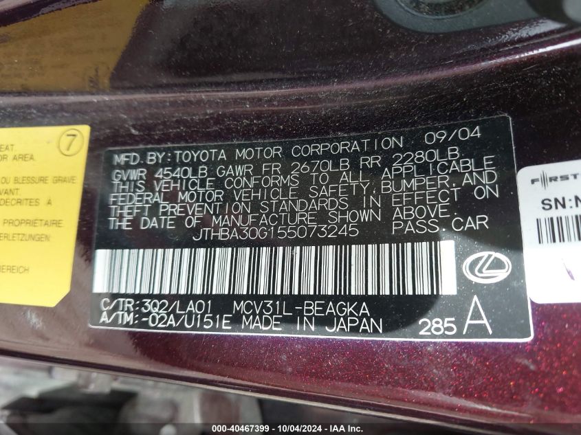 JTHBA30G155073245 2005 Lexus Es 330