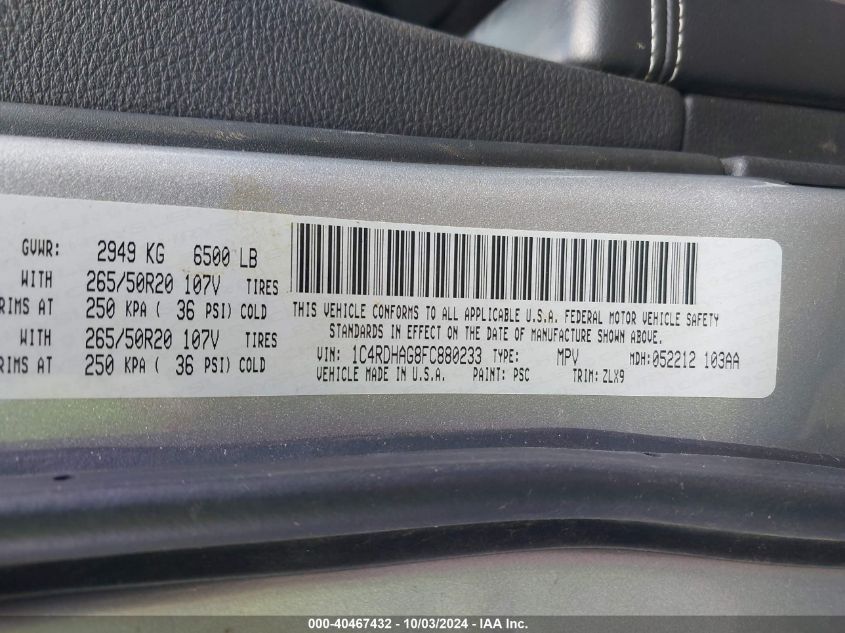 1C4RDHAG8FC880233 2015 Dodge Durango Sxt