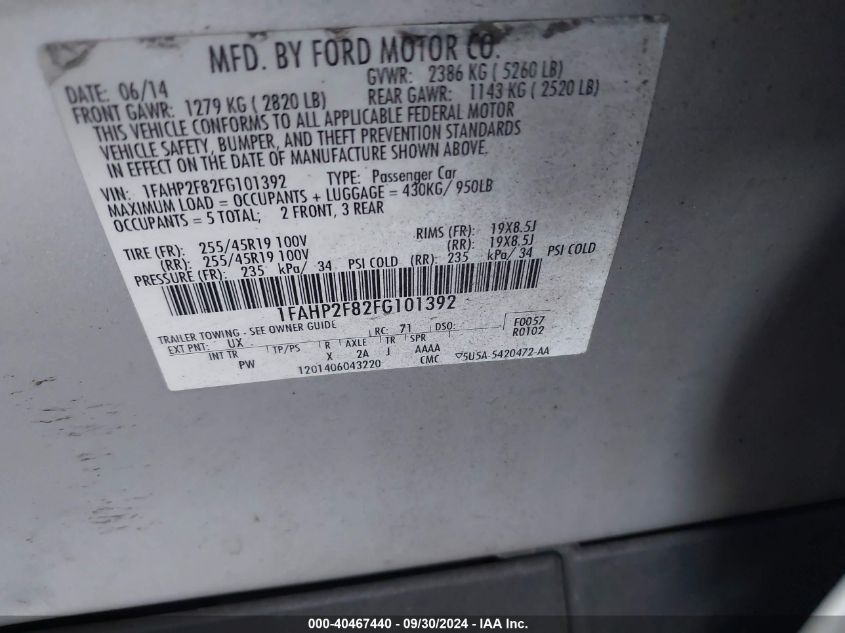 1FAHP2F82FG101392 2015 Ford Taurus Limited