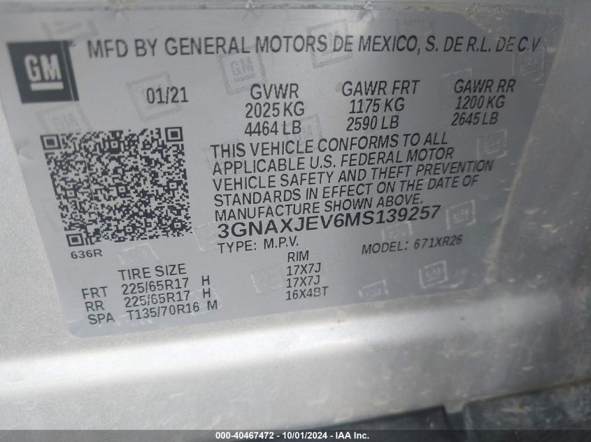 2021 Chevrolet Equinox Fwd 2Fl VIN: 3GNAXJEV6MS139257 Lot: 40467472