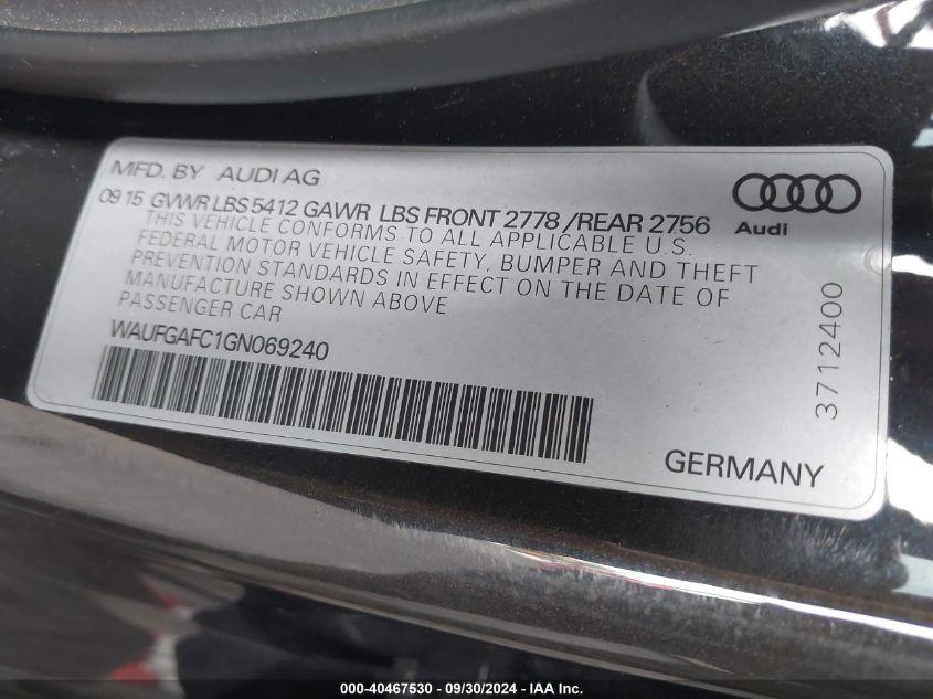 WAUFGAFC1GN069240 2016 Audi A6 3.0T Premium Plus