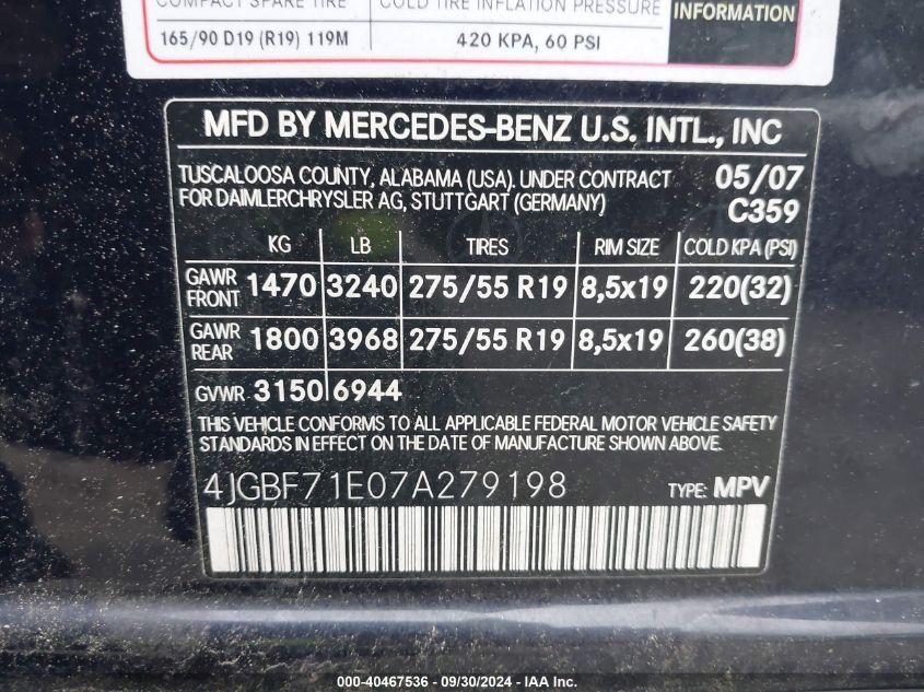 4JGBF71E07A279198 2007 Mercedes-Benz Gl 450 4Matic