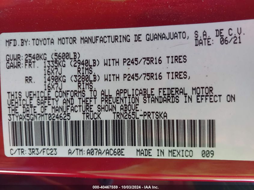 2021 Toyota Tacoma Sr5 VIN: 3TYAX5GN7MT024625 Lot: 40467559