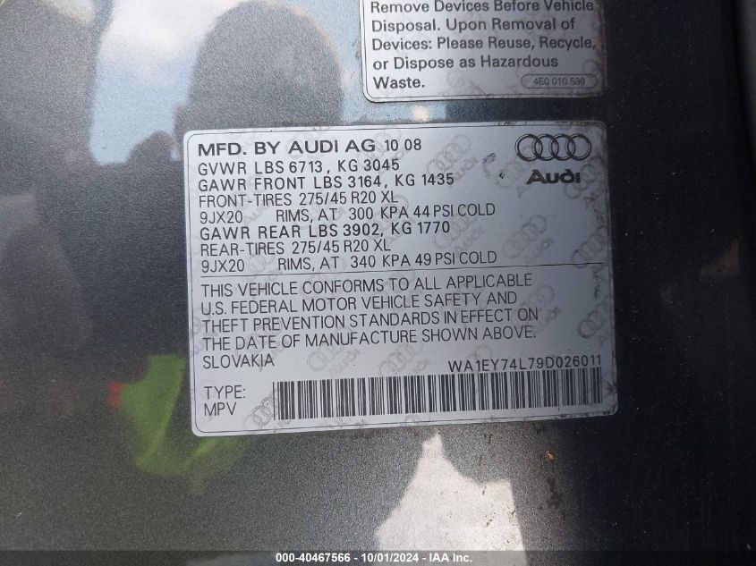 WA1EY74L79D026011 2009 Audi Q7 3.6 Premium