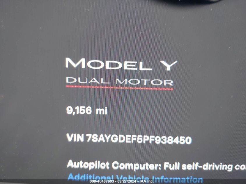 2023 Tesla Model Y Performance Dual Motor All-Wheel Drive VIN: 7SAYGDEF5PF938450 Lot: 40467603