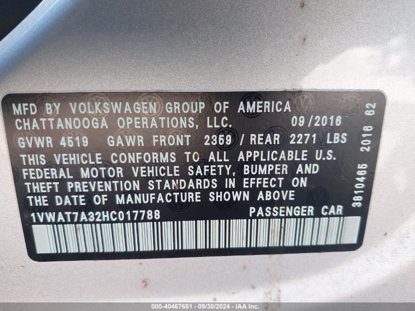 1VWAT7A32HC017788 2017 Volkswagen Passat 1.8T S