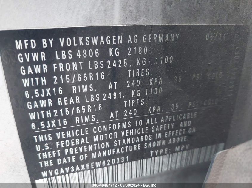 WVGAV3AX5EW620331 2014 Volkswagen Tiguan S