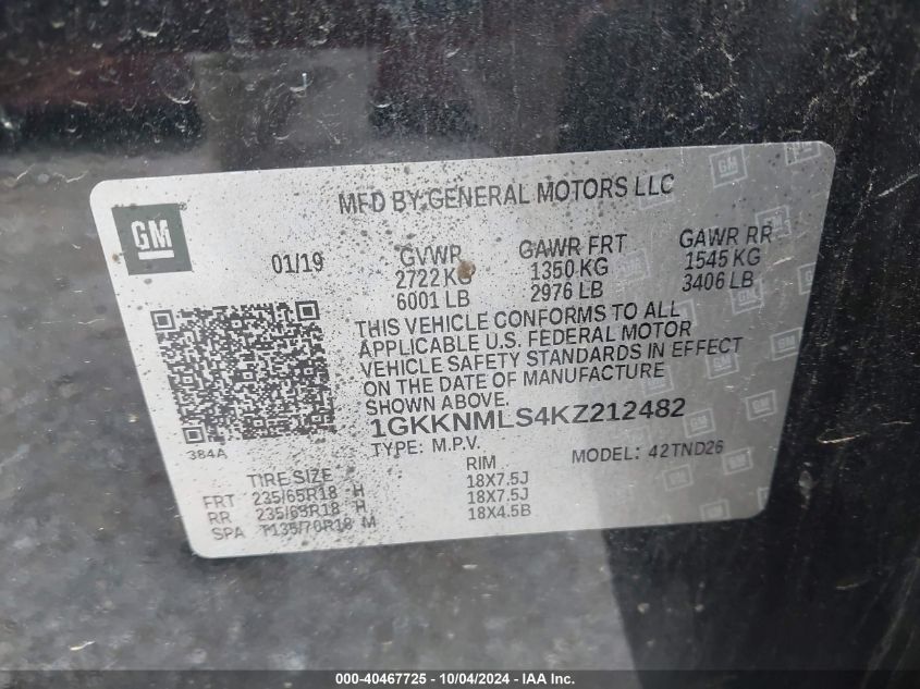 1GKKNMLS4KZ212482 2019 GMC Acadia Slt-1