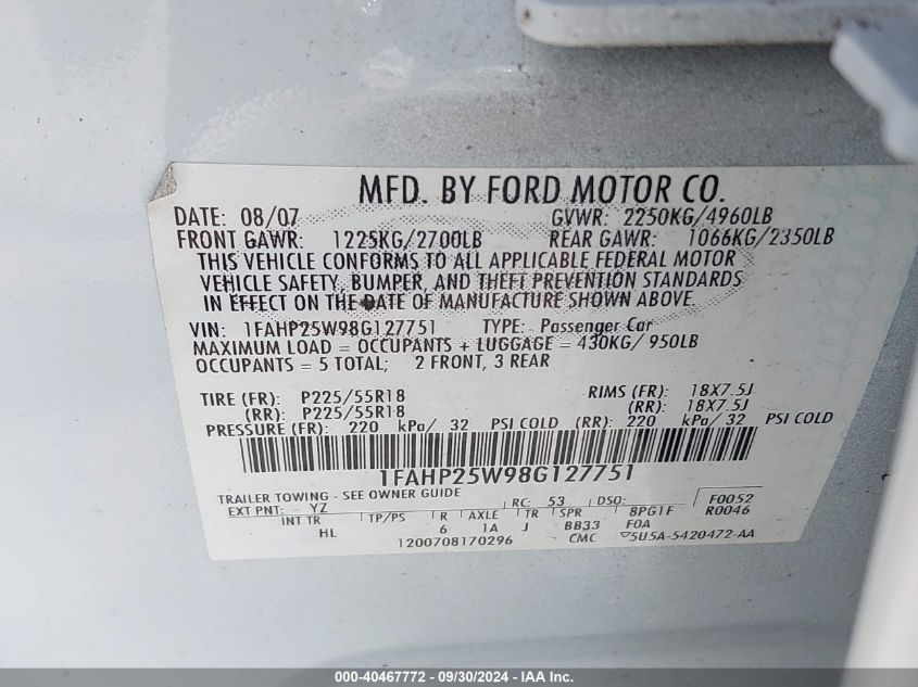 1FAHP25W98G127751 2008 Ford Taurus Limited