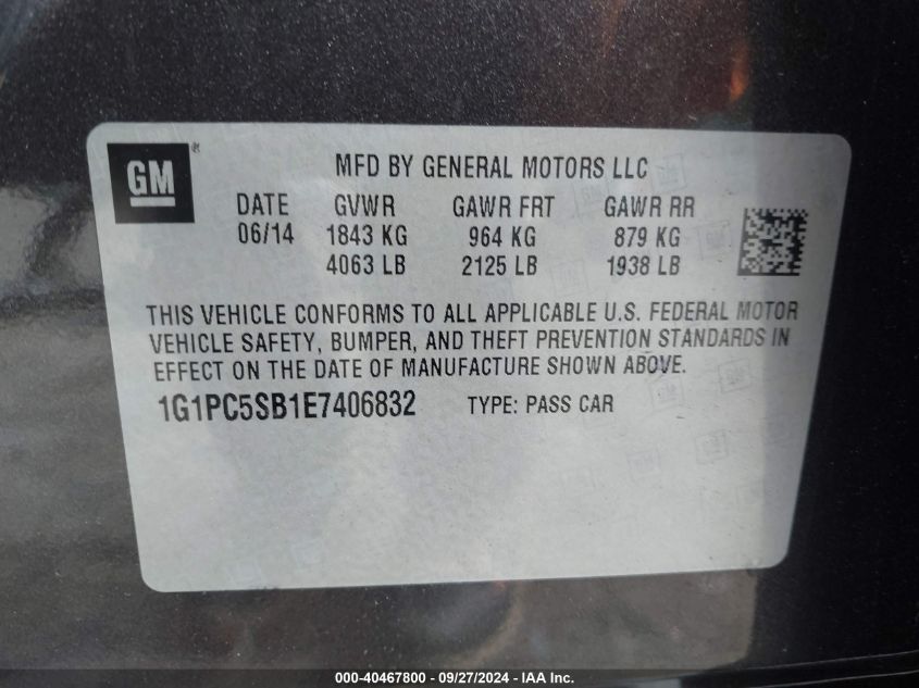 1G1PC5SB1E7406832 2014 Chevrolet Cruze 1Lt Auto