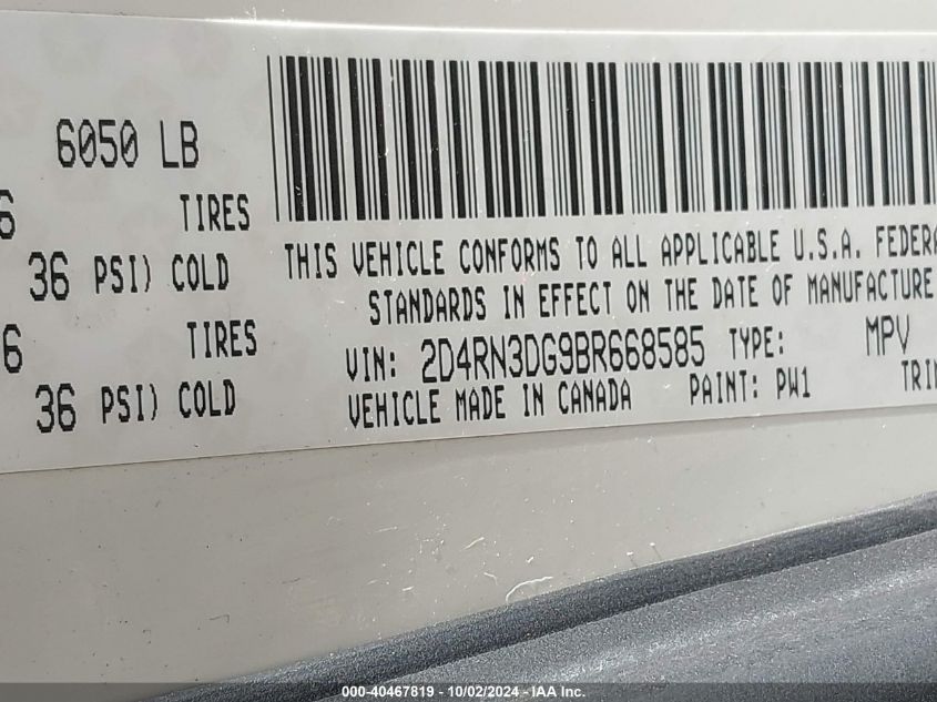 2011 Dodge Grand Caravan Mainstreet VIN: 2D4RN3DG9BR668585 Lot: 40467819