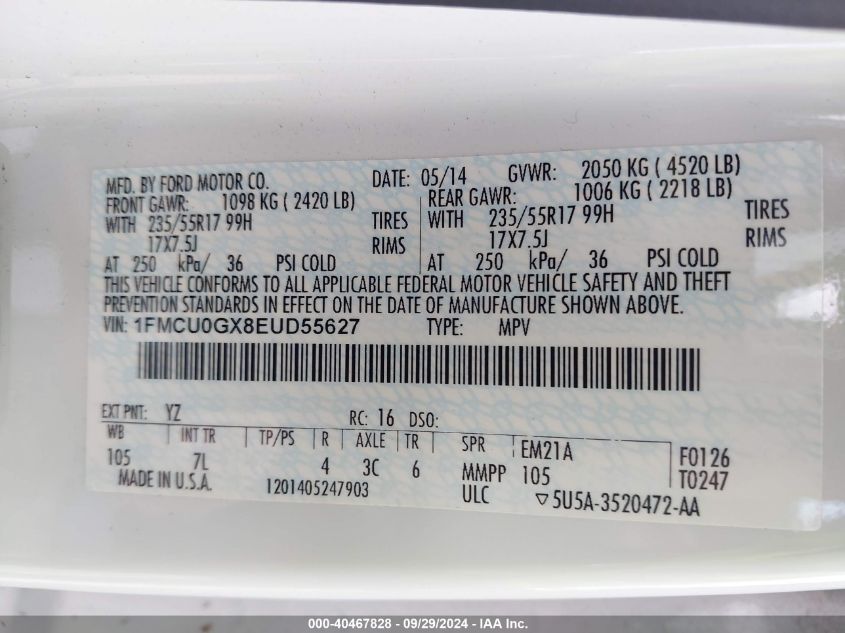 1FMCU0GX8EUD55627 2014 Ford Escape Se