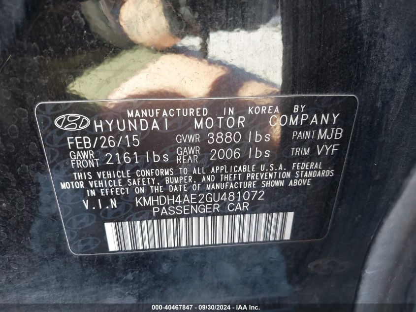 2016 Hyundai Elantra Se VIN: KMHDH4AE2GU481072 Lot: 40467847