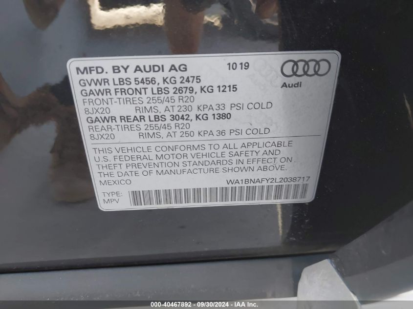 2020 Audi Q5 Premium Plus 45 Tfsi Quattro S Tronic VIN: WA1BNAFY2L2038717 Lot: 40467892