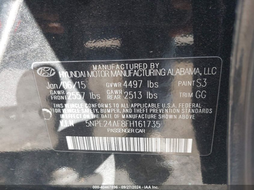 2015 Hyundai Sonata Se VIN: 5NPE24AF8FH161735 Lot: 40467896