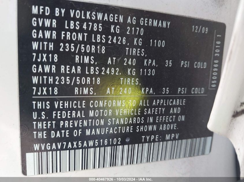 WVGAV7AX5AW516102 2010 Volkswagen Tiguan Sel