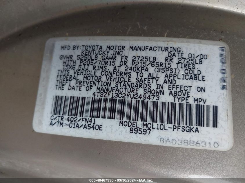 4T3ZF13C2YU249473 2000 Toyota Sienna Le/Xle