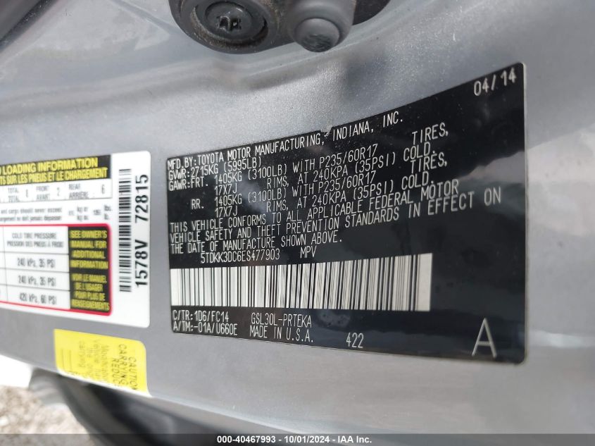 5TDKK3DC6ES477903 2014 Toyota Sienna Le V6 8 Passenger